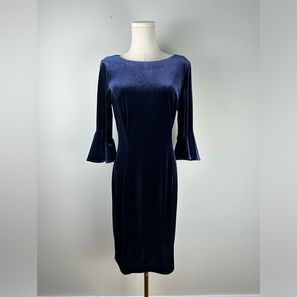 DKNY Midnight Blue Velvet Bell Sleeve  A Line Midi Cocktail Dress Size 6 - Picture 3 of 11